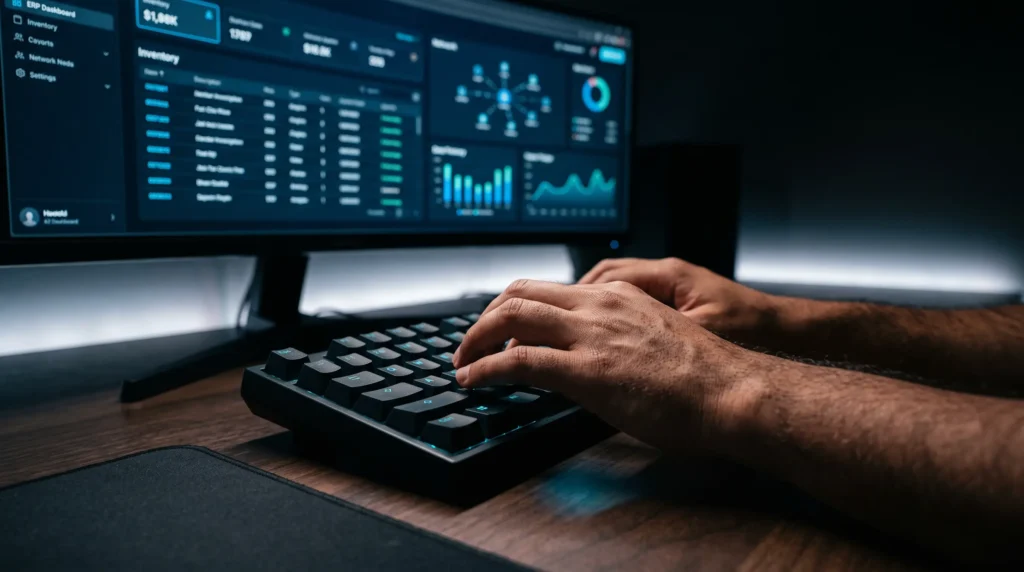 Developer working on a mechanical keyboard with a wide monitor displaying a live ERP dashboard, inventory metrics, and analytics charts.