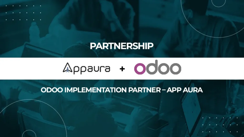 App Aura and Odoo official partnership graphic for ERP implementation and integration services.