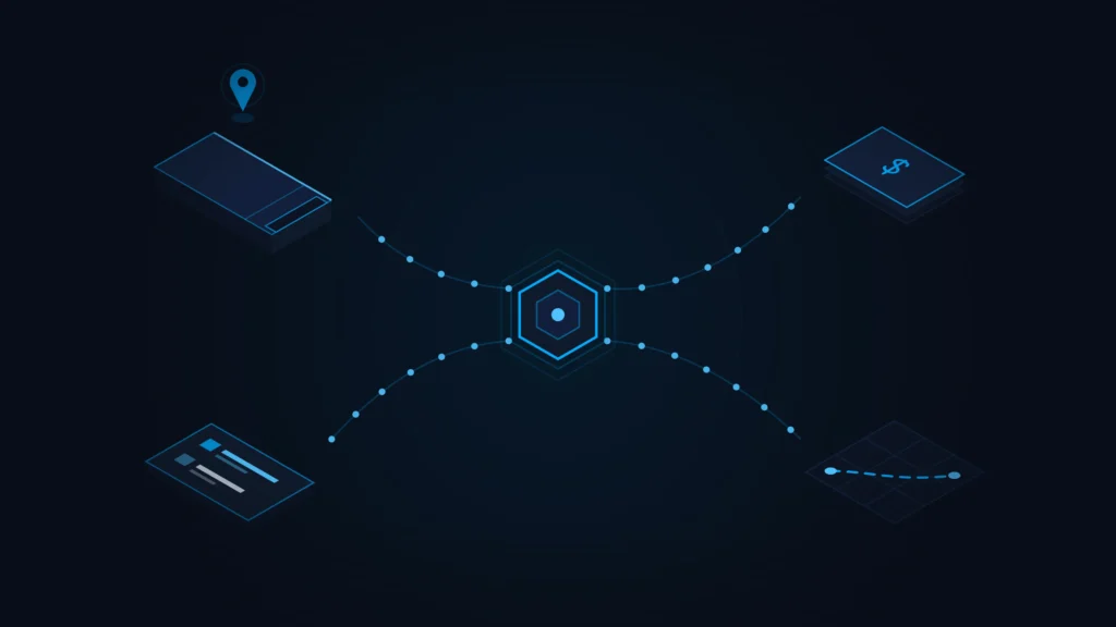Isometric digital hub connecting logistics data points like location tracking, finances, and analytics via glowing blue lines.