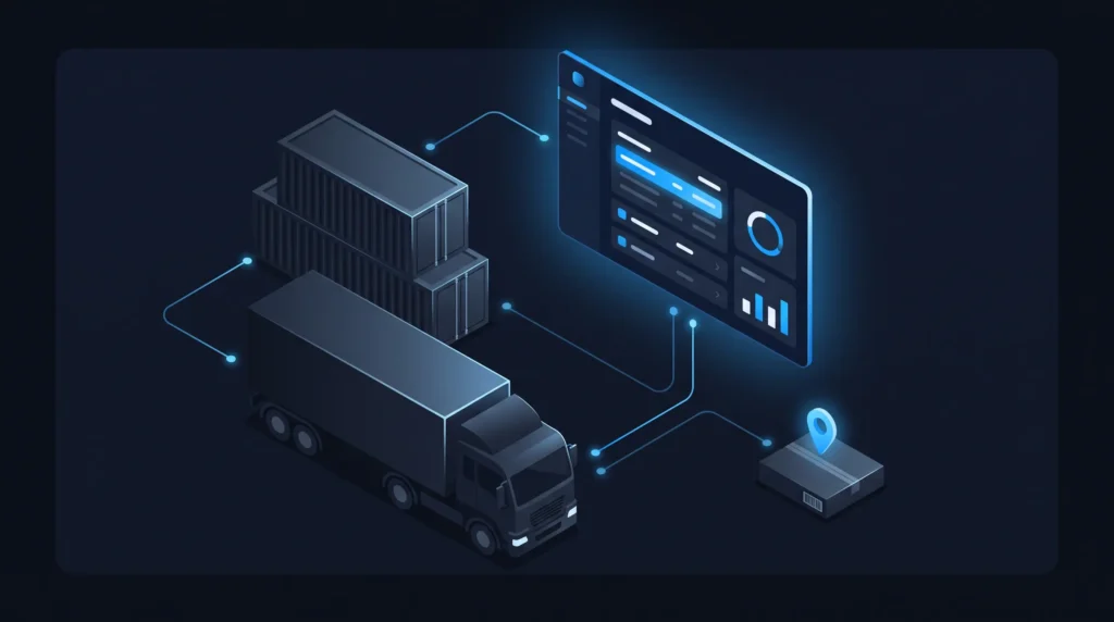 Isometric 3D illustration of a freight truck, shipping containers, and a tracked package connecting to a glowing digital ERP dashboard.