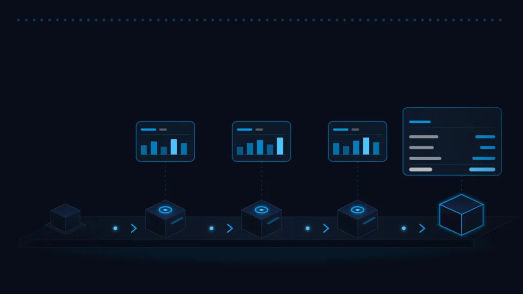 Isometric conveyor belt moving physical products while digital dashboards hover above to track production analytics.