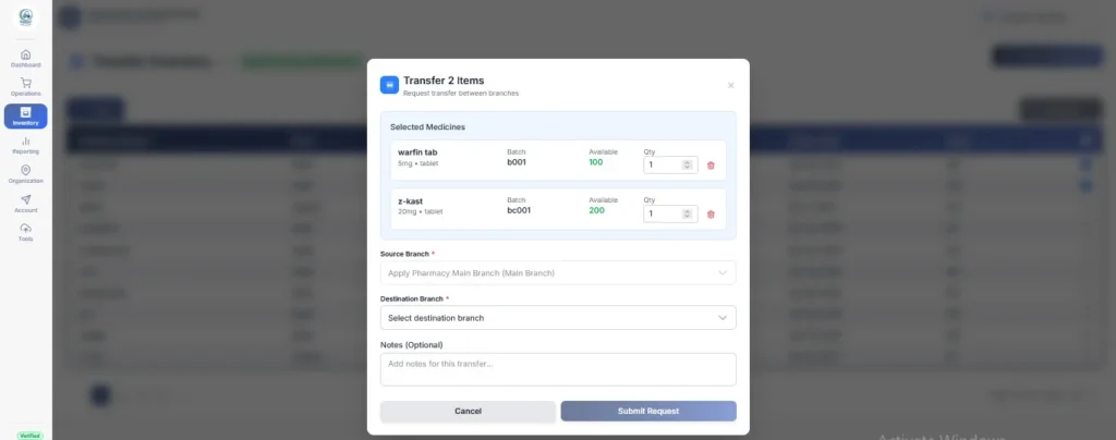 Inventory transfer request interface moving specific medicine batches and quantities between two distinct pharmacy branches.