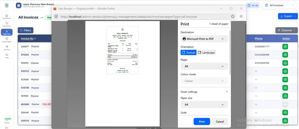 Point of sale interface generating an itemized pharmacy sales receipt and preparing it for PDF export or printing.