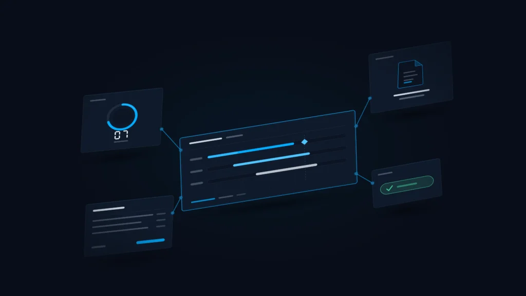 Isometric digital project management interface displaying a timeline, document icons, and task completion checkmarks.