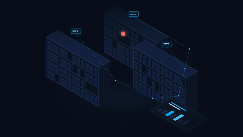 Isometric warehouse shelves connected to a digital analytics dashboard, highlighting a red inventory alert icon.