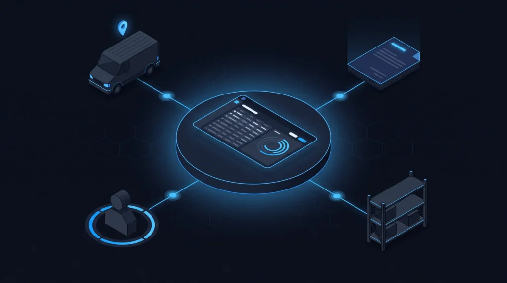 Isometric 3D illustration displaying a centralized glowing digital dashboard connected to a delivery van, digital document, inventory shelf, and user profile.